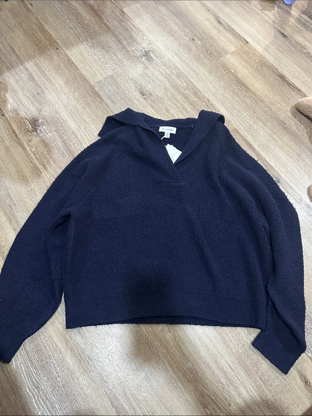 Cozy Hooded V-Neck Women's Sweater - Navy FA LS collar sweater darkest navy - Picture 1 of 3